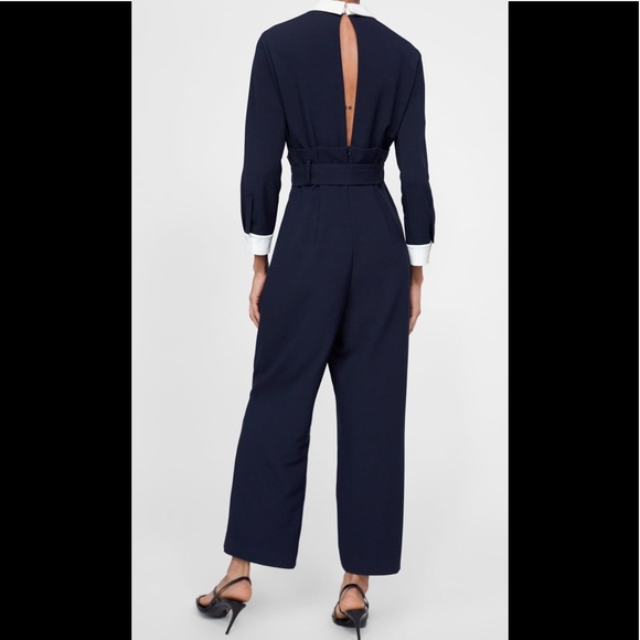 Zara Pants & Jumpsuits Zara Navy Contrast Belted Jumpsuit Ref